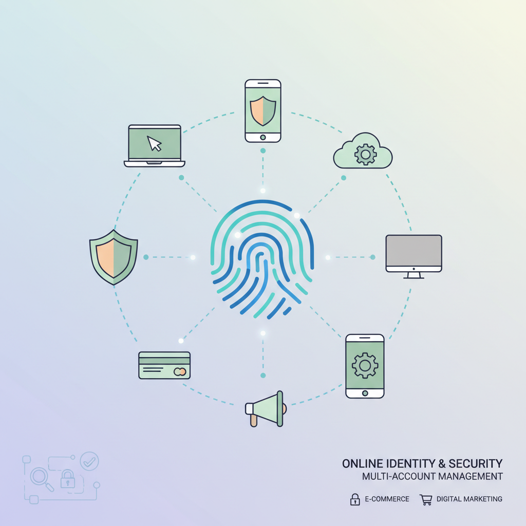 Digital fingerprint and device icons, symbolizing multi-account management